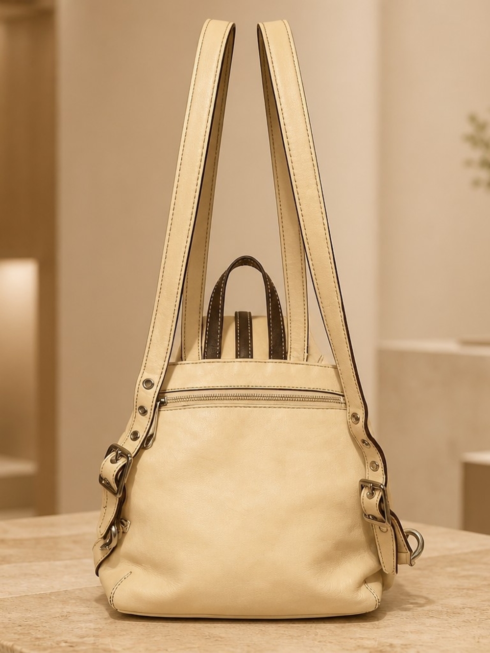 Coach RARE vintage Beige Leather Drawstring Backpack & New York & Co Necklace - Picture 6 of 12